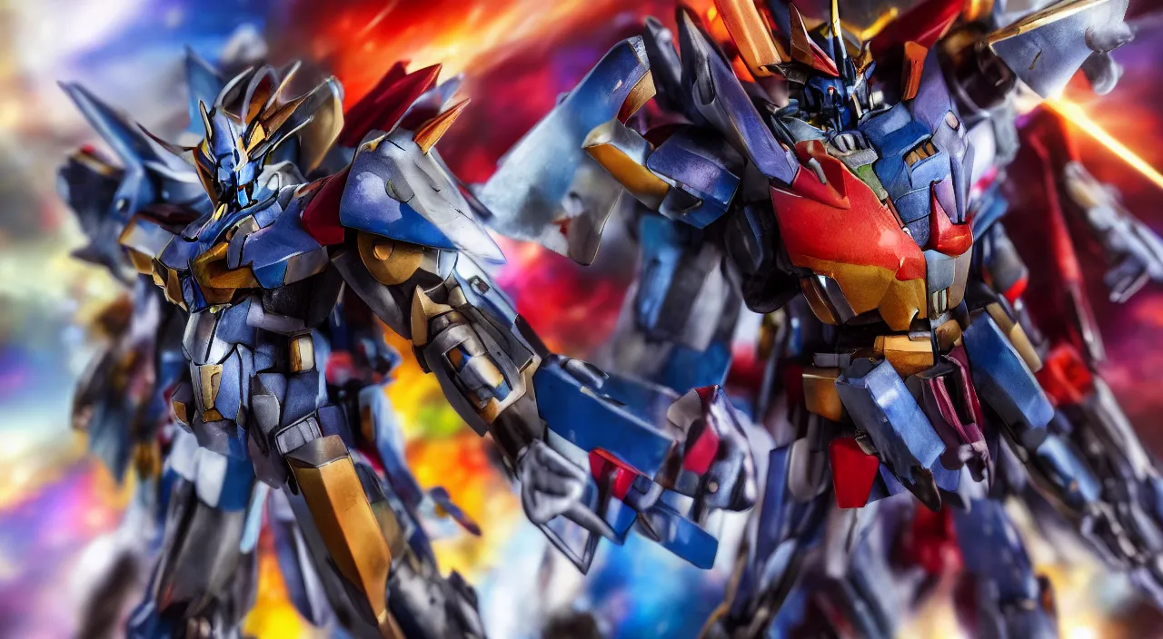 Image similar to medium close up view, Gundam,Guyver,colourful space, bokeh, blur, cinematic lighting