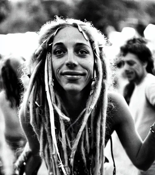 Image similar to portrait of a stunningly beautiful hippie woman with blonde dreadlocks dancing at a music festival, by bruce davidson