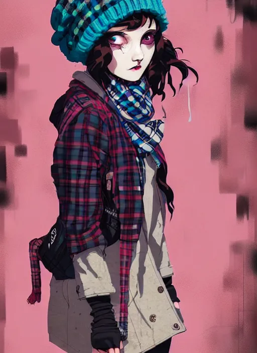 Image similar to highly detailed portrait of a sewer ( ( emo punk ) ) lady student, beanie, blue eyes, tartan scarf, curly hair by atey ghailan, by greg rutkowski, by greg tocchini, by james gilleard, by joe fenton, by kaethe butcher, gradient pink, black, brown and cream color scheme, grunge aesthetic!!! graffiti tag wall background