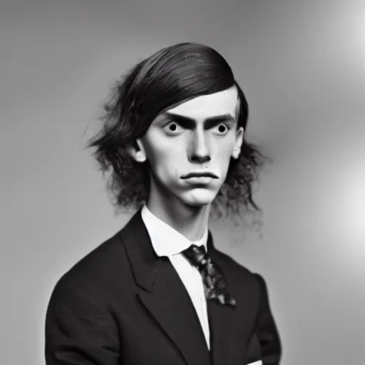 Image similar to High resolution 1930s portrait of a young anorexic man with very long hair and extravagant clothes