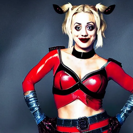 Prompt: A still of Kaley Cuoco as Harley Quinn