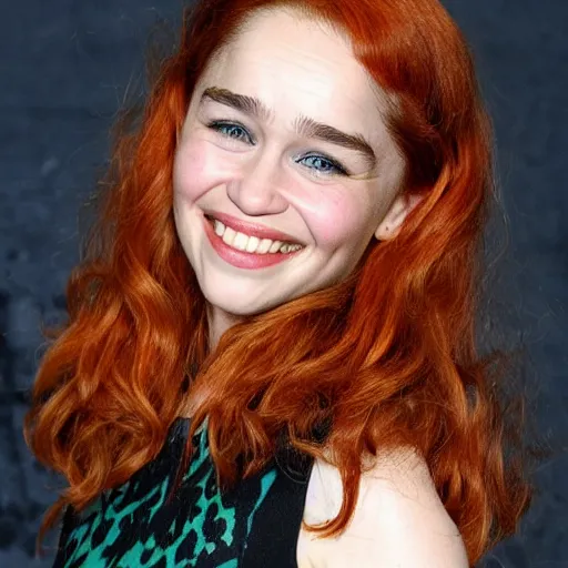 Image similar to Emilia Clarke as a young redhead, wild hairstyle, smiling