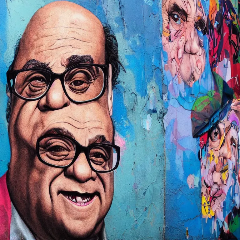 Image similar to Street-art portrait of Danny DeVito in style of Etam Cru, photorealism