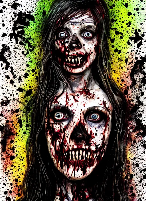 Image similar to zombie hollywood artwork professional acting headshot, hyperrealism, intricate detail, studio lighting, charming expression gesicht, hauntingly beautiful zombie, watercolor art, epic, legendary, drawn and painted, colored layers, dulled contrast, exquisite fine art, splatterpaint