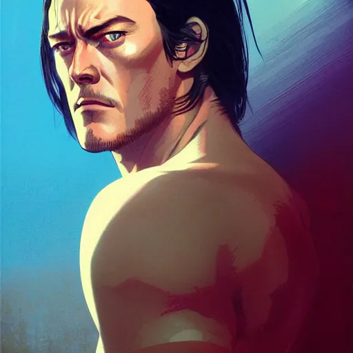 Image similar to luke evans as a manga character, realistic shaded perfect face, fine details. anime. realistic shaded lighting poster by ilya kuvshinov katsuhiro otomo ghost - in - the - shell, magali villeneuve, artgerm, jeremy lipkin and michael garmash and rob rey