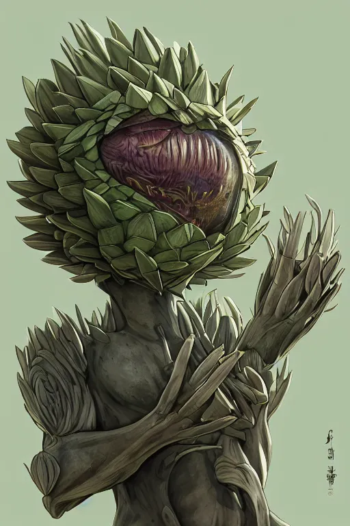 Prompt: a humanoid figure artichoke monster with large sphere eyes and a voracious mouth, highly detailed, digital art, sharp focus, trending on art station, plant, anime art style