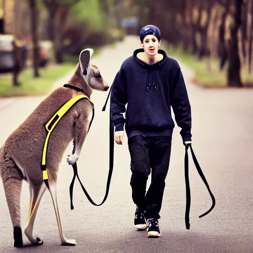 Image similar to Pete Davidson walking a kangaroo, 4k, photorealistic,