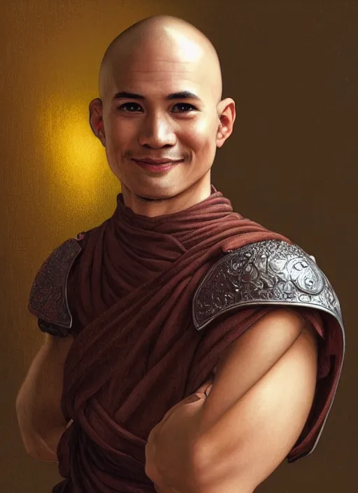 Image similar to portrait of a male monk, looking at camera, D&D, leather armor, very short buzzcut hair, intricate, elegant, stylish, cute smile, fantasy, extremely detailed, digital painting, artstation, concept art, smooth, sharp focus, illustration, ambient lighting, art by artgerm and greg rutkowski and alphonse mucha and simon stalenhag