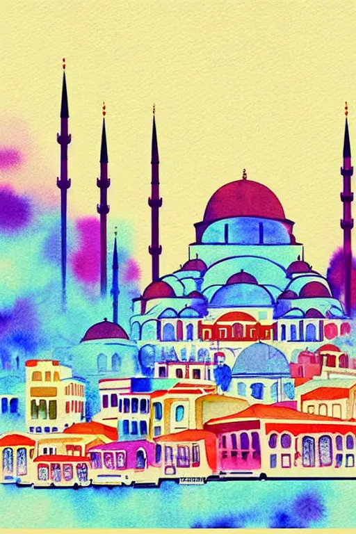 Image similar to minimalist colorful watercolor line art of istanbul, art deco, cityscape, matte drawing, poster art