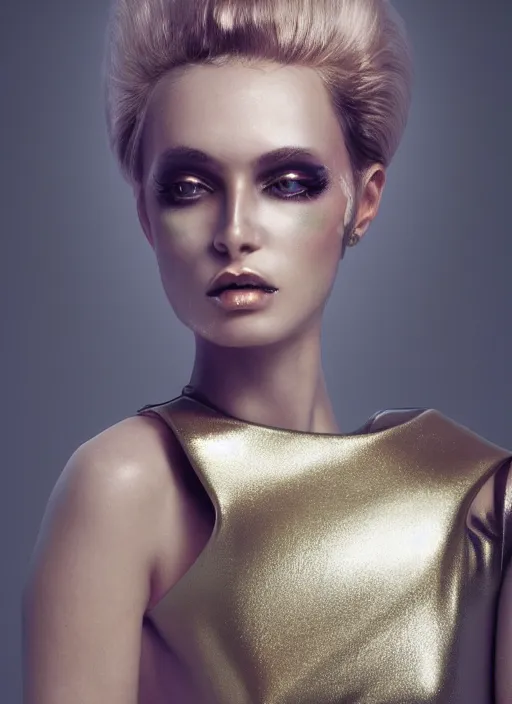 Image similar to italian vogue 8 0 s vintage cover portrait of a female model in metallic high fashion and strong make up by steven meisel, urban setting, 8 k, octane render, ultra sharp hyper detailed digital art