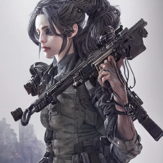 Image similar to the portrait of lawful neutral female cyberpunk infantry sniper as absurdly beautiful, gorgeous, elegant, young woman looking up, an ultrafine hyperdetailed illustration by kim jung gi, irakli nadar, intricate linework, bright colors, octopath traveler, final fantasy, unreal engine 5 highly rendered, global illumination, radiant light, detailed and intricate environment