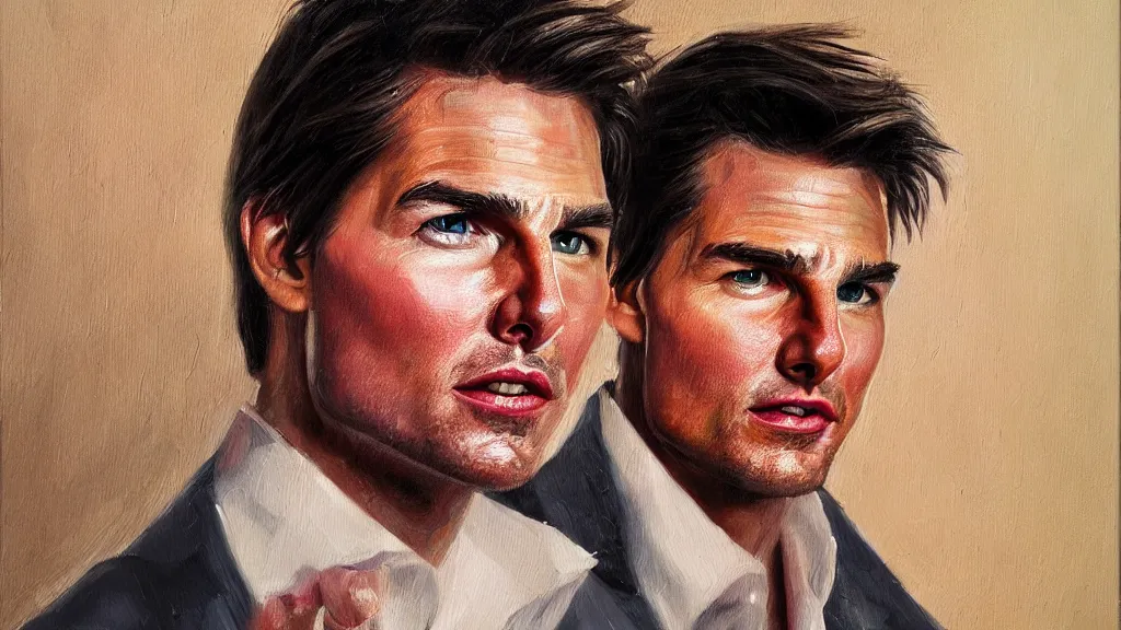 Prompt: A portrait painting of Tom Cruise; the most beautiul painting in the world; trending on artstation; oil on canvas; correct face; correct eyes; anatomically correct; extraordinary masterpiece!!!!!!; 8k