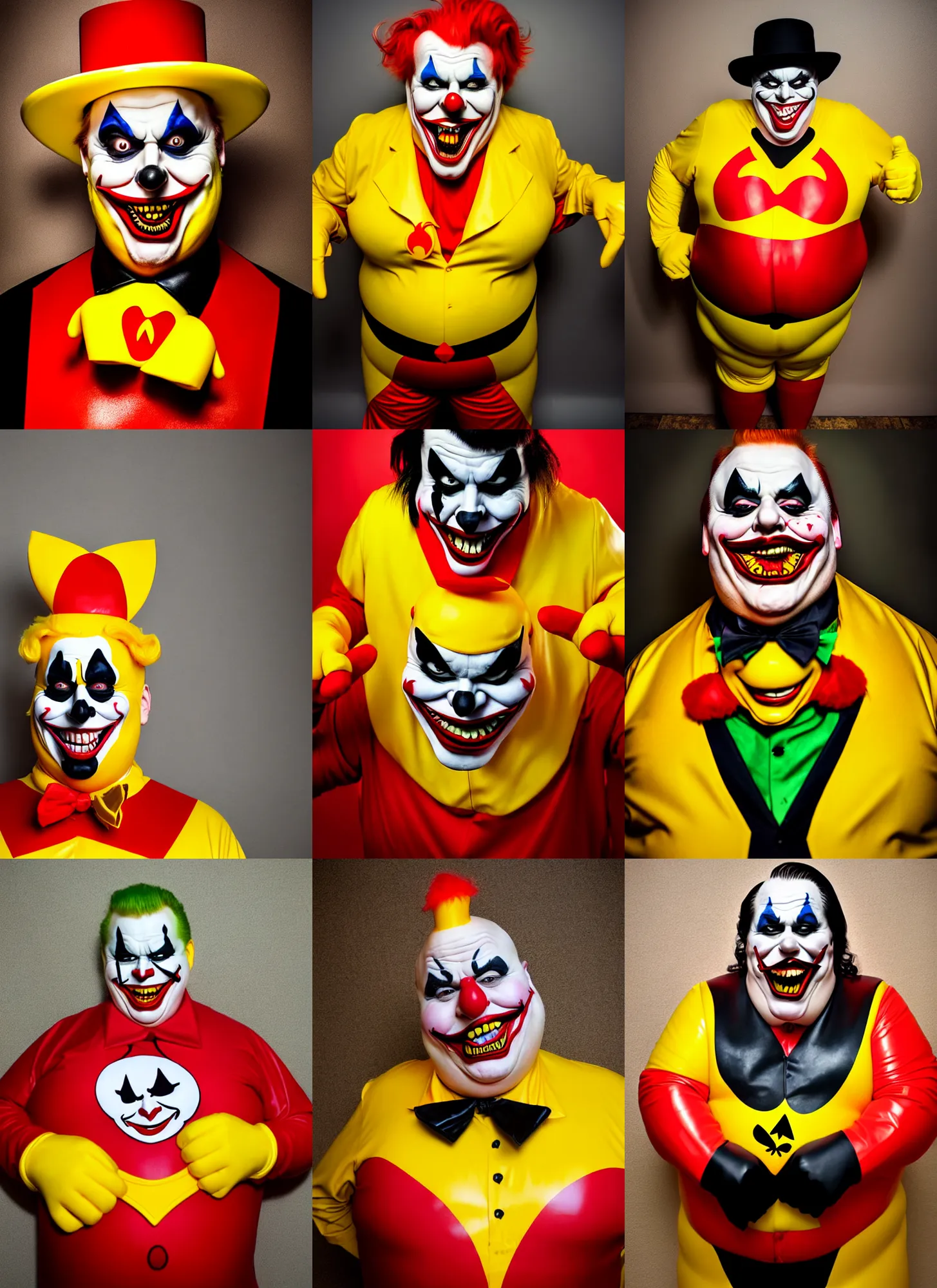 Prompt: wide angle lens portrait of a very fat sinister looking joker dressed in yellow and red rubber latex Ronald Macdonalds costume, red hair, a Macdonalds logo on his chest, art by Oleg Vdovenko