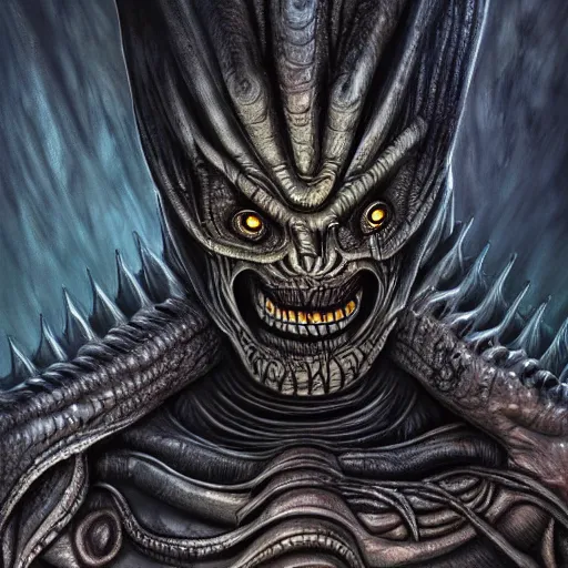 Prompt: Giger portrait of queen dragon, Dragon in dragon lair, HD, soft shading, hyperdetailed, wide angle lens, fantasy, futuristic horror, style of giger