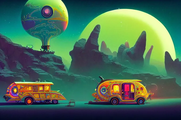 Image similar to a luminescent gypsy caravan by paolo eleuteri serpieri and tomer hanuka and chesley bonestell and daniel merriam and tomokazu matsuyama, unreal engine, high resolution render, featured on artstation, octane, 8 k, highly intricate details, vivid colors, vector illustration