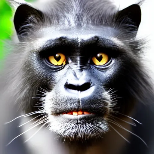 Image similar to a feline cat - chimpanzee - hybrid, animal photography