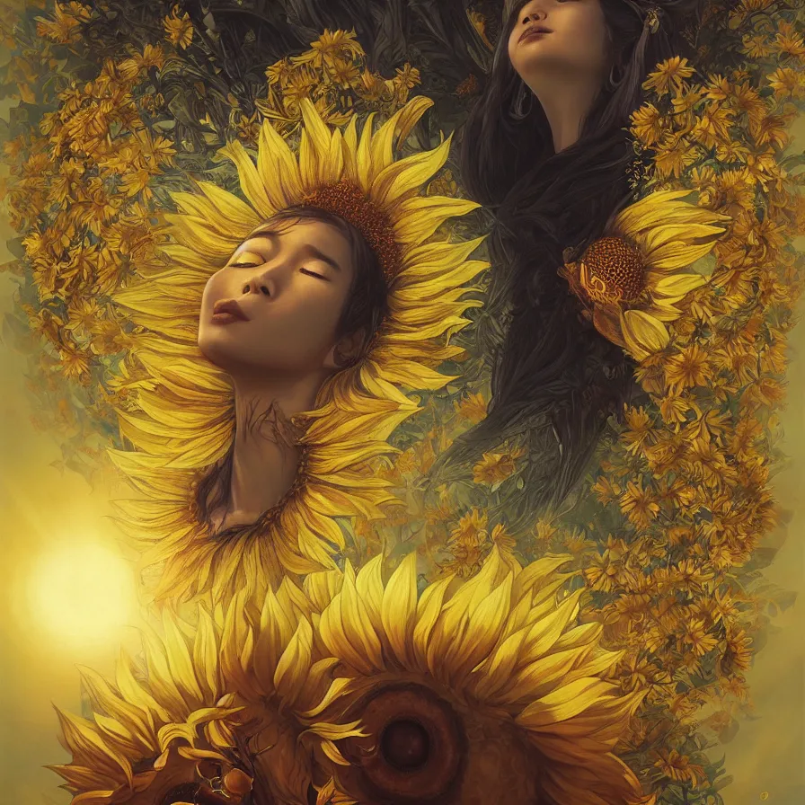 Prompt: The east-asian goddess of sunflower wearing an helianthus golden crown and presiding over the rays of the sun, by Anato Finnstark, Tom Bagshaw, Brom