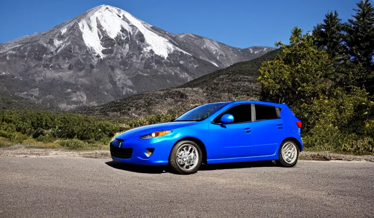 Prompt: blue Gen 1 Mazda Mazdaspeed 3 2008 parked in front of mountain twilight beautiful photo