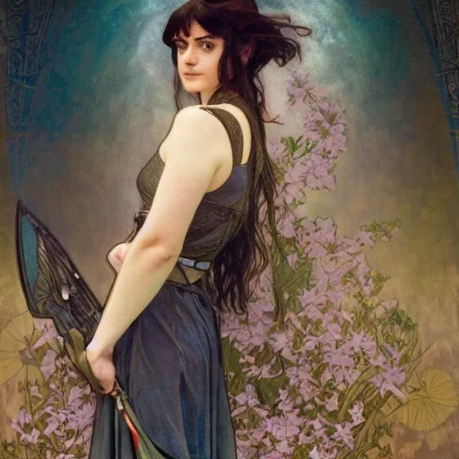 Image similar to a combination of Alexandra Daddario, Maisie Williams, Krysten Ritter, Anne Hathaway and Natalia Dwyer Christina Ricci and Lily Collins by Alphonse Mucha, Magali Villeneuve and Livia Prima, trending on artstation, long hair, dark eyes