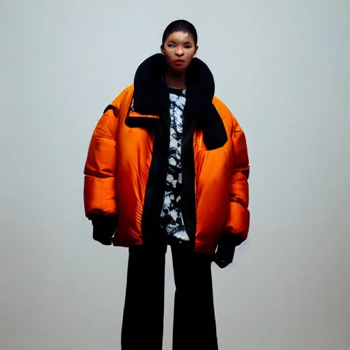 Image similar to realistic photoshooting for a new balenciaga lookbook, color film photography, portrait of a blonde asian woman, model wearing a puffer jacket, photo in style of tyler mitchell, 3 5 mm,