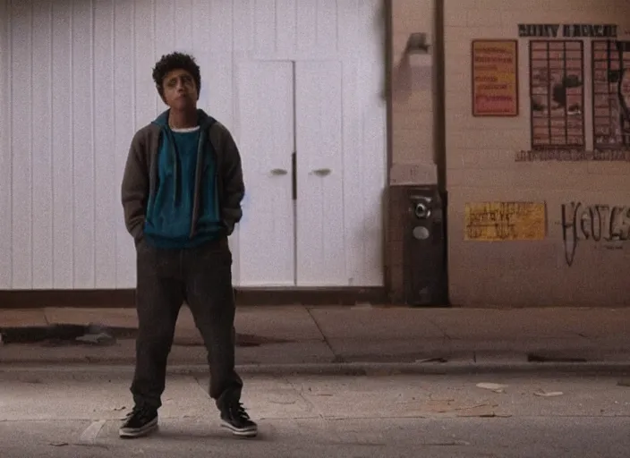 Image similar to First Official image from Cardboard, new drama film directed by Spike Jonze starring Tony Revolori as a Philadelphia b-boy in 1990 in the streets at night, shot on Kodak Vision 200T, stunning cinematography, light diffusion, film grain, 8k print, anamorphic lens.