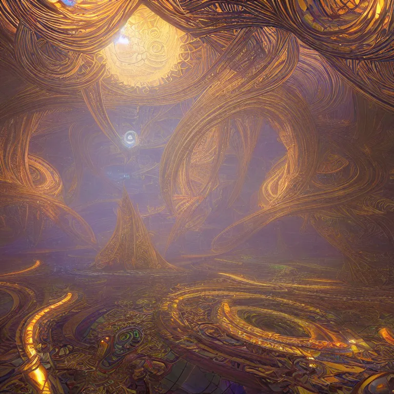 Image similar to a deep perspective photo real render of tribal glowing fractals and ornate flowing light streams sacred geometry, by beeple, by donato giancola, unreal engine