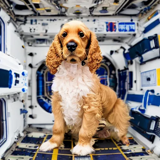 Prompt: a cocker spaniel puppy floating inside the international space station, realistic, professional photography, 4 k, sharp lens, focus, depth of field