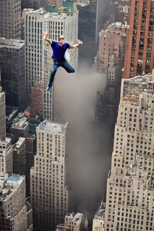 Image similar to !dream a man jumping from a building in New York, dust explosion, ground view 4k detailed photography