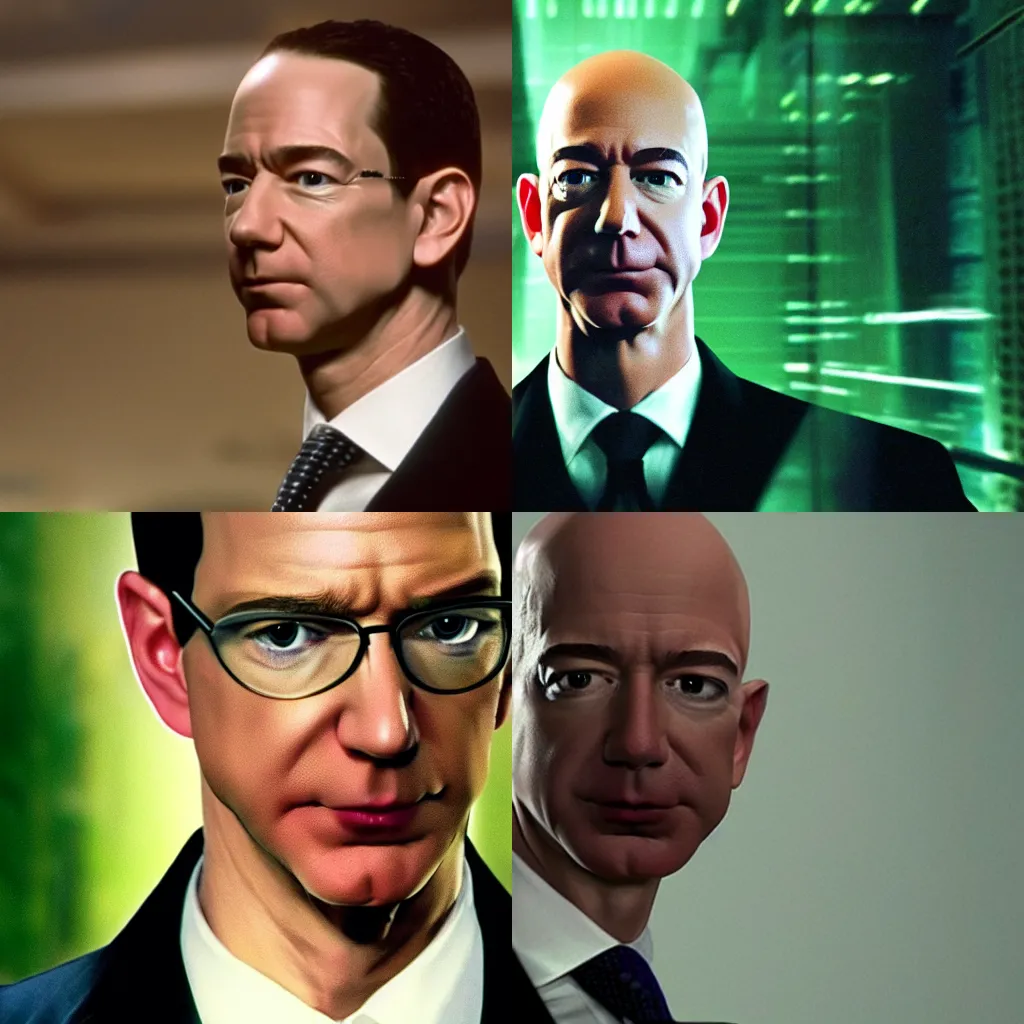 Prompt: Jeff Bezos as Agent Smith in The Matrix, cinematic, high-quality, 8K