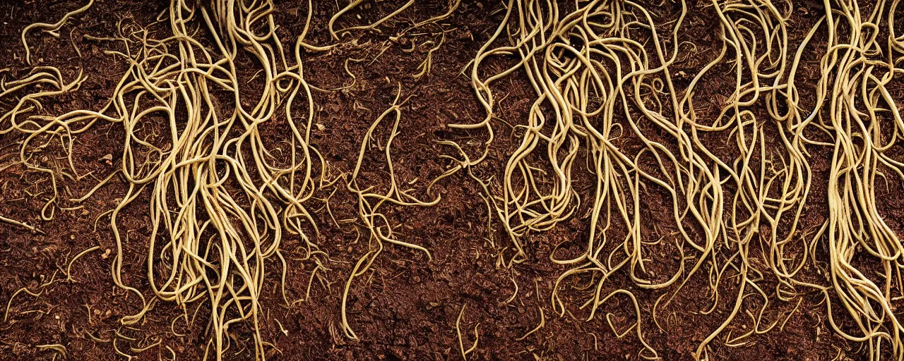 Image similar to roots made of spaghetti, growing from the dirt, kodachrome, in the style of wes anderson, retro