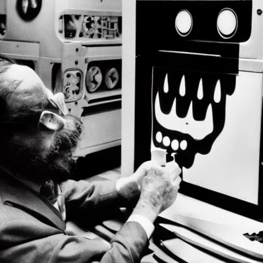 Prompt: a black and white photograph of a man destroying a computer until it sparks, by gary baseman, by robert crumb, by jim henson, photorealistic, surreal, high contrast, film photography