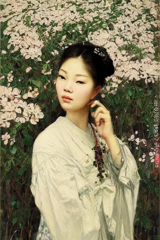 Image similar to close - up fashion asian woman portrait airy flowers clouds art by vasnetsov