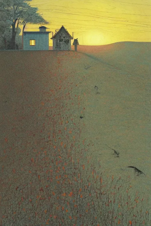 Prompt: rural sun rise, painting by shaun tan, detailed, intricate, torn paper decollage, oil on canvas by edward hopper, ( by mattias adolfsson ), by moebius