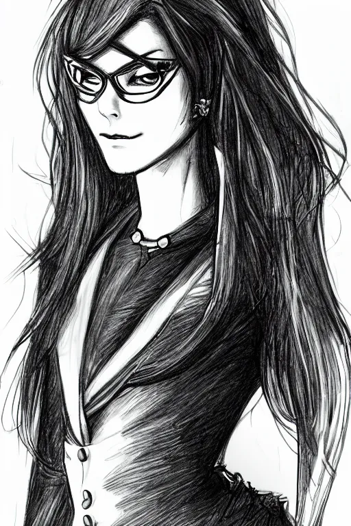 Image similar to Sketch portrait of fully clothed Bayonetta in the style of Da Vinci