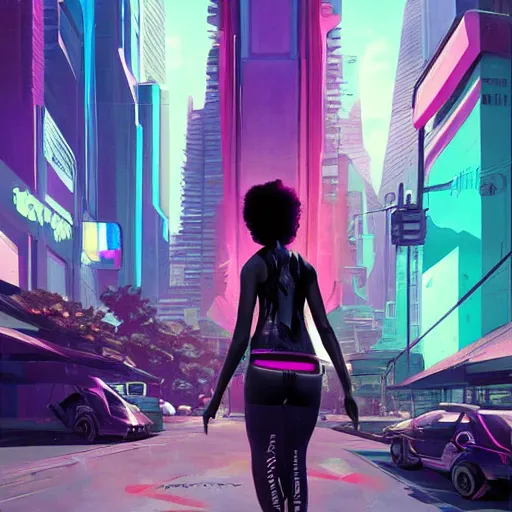 Prompt: a black girl riding a hoverboard through the synthwave city in a cyberpunk style by greg rutkowski and android jones, oil on canvas