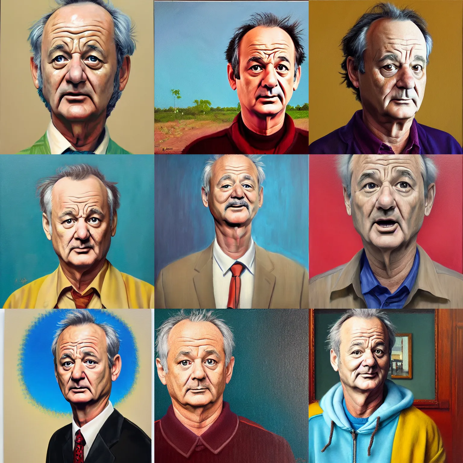 Prompt: portrait of bill murray, hyperrealistic, in the style of wes anderson, oil painting