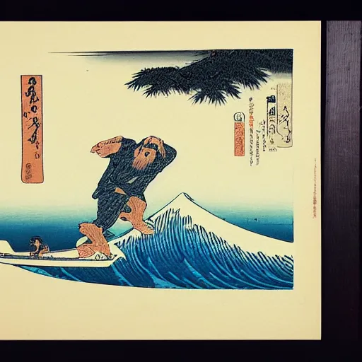 Prompt: bearded man surfing, woodblock print, style of hokusai, fine art, style of kanagawa, painting