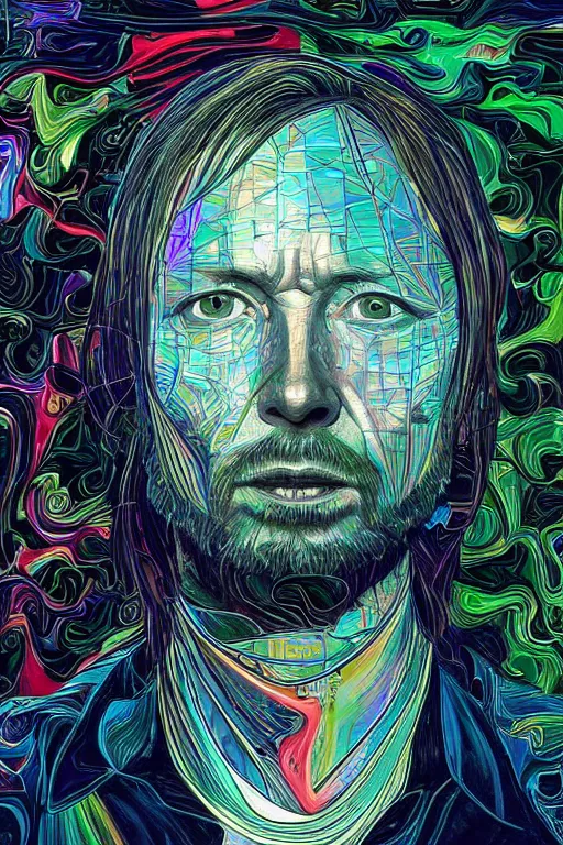 Image similar to A portrait of Thom Yorke as a cyberpunk android, iridescent highlights, surrounded by digital swirls, highly detailed, intricate, soft, sci-fi, sharp focus, subsurface scattering, art by Caravaggio, Moebius, Greg Rutkowski, Alphonse Mucha, Norman Rockwell