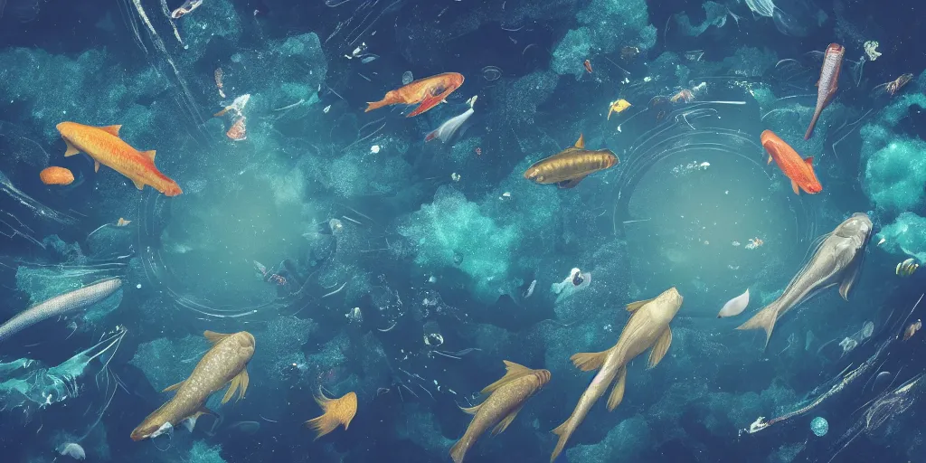 Prompt: a group of fishes of different types and sizes swimming between the clouds in outer space, stars and suns in the background, landscape, Artstation Trending, cgsociety, high quality, very coherent, ultra realism, high definition, post processing, unreal engine, 8k, high resolution, octane render, 4k UHD, photographic, digital art, art by uroš golubović artstation + bobryshev aleksandr artstation + ranulf busby doku artstation + echo lima artstation