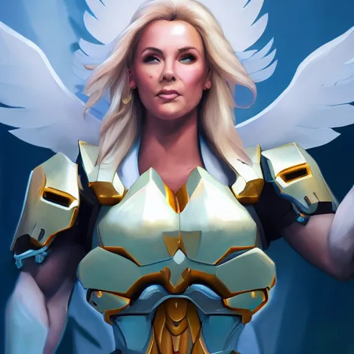 Image similar to a screenshot of arnold schwarzenegger as mercy in overwatch, angel wings, halo, portrait, fantasy, beautiful face, vivid colors, elegant, concept art, sharp focus, digital art, hyper - realistic, 4 k, unreal engine, highly detailed, hd, dramatic lighting by brom, trending on artstation