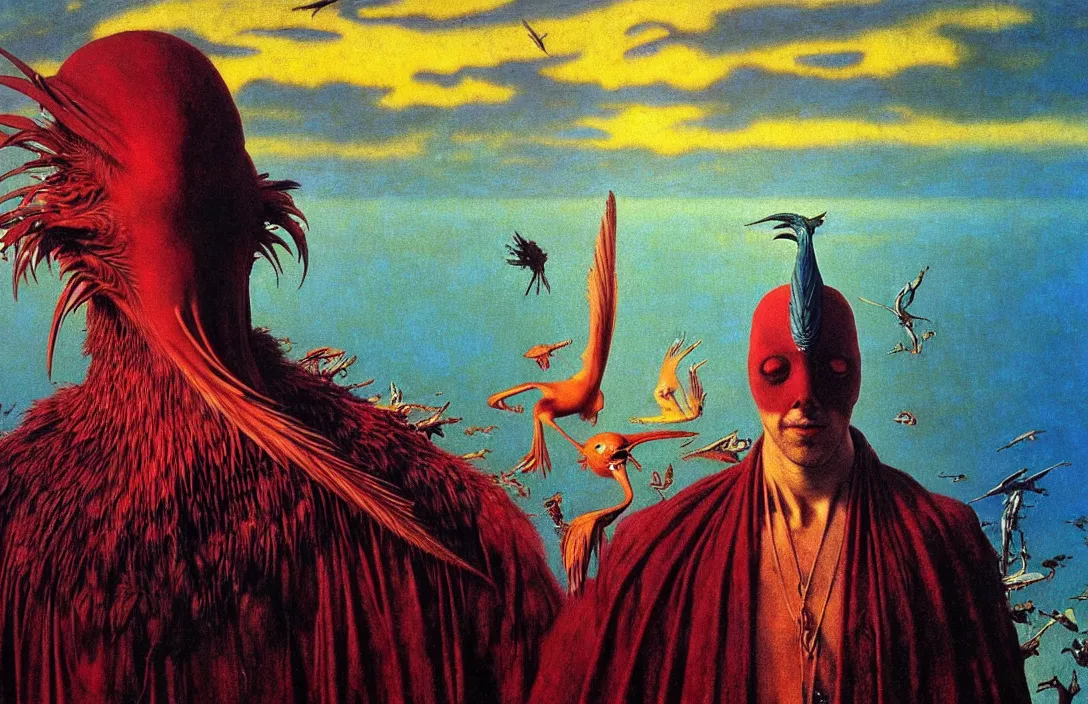 Image similar to realistic detailed portrait movie shot of a birdman wearing dark ragged robes, sci fi city sunset landscape background by denis villeneuve, amano, yves tanguy, alphonse mucha, ernst haeckel, max ernst, roger dean, masterpiece, rich moody colours, bird head, blue eyes