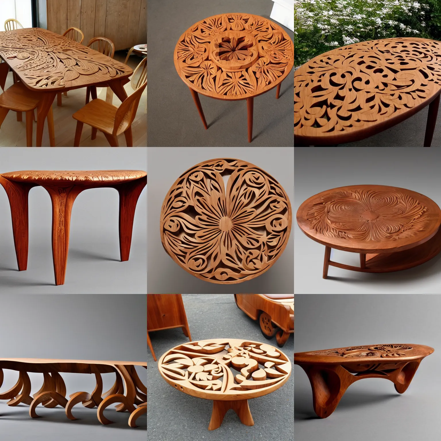 Prompt: norwegian design furniture of a wood table in flower shape carved cars shapes intricate