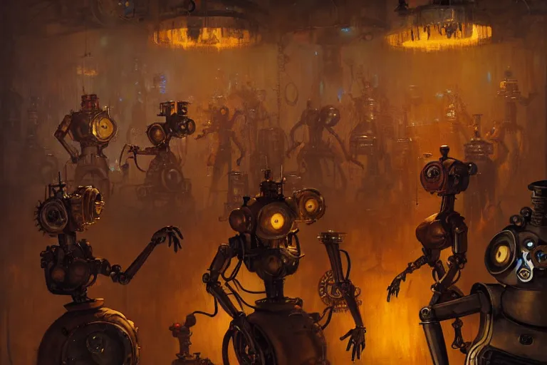 Image similar to steampunk robots expressively dancing on the dance floor by otto dix and greg rutkowski and andreas rocha, cinematic lighting, highly detailed, warm colours, 4 k