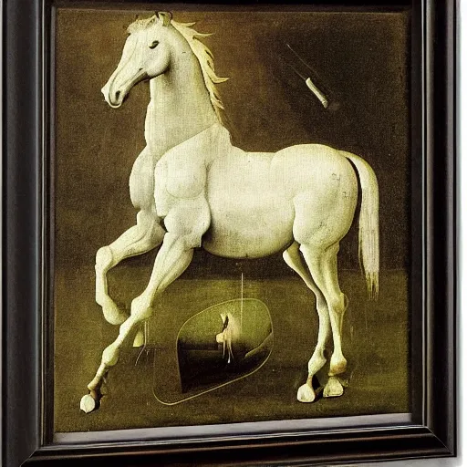 Prompt: white horse at night by hieronymus bosch