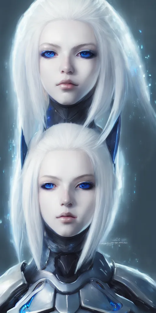 Image similar to perfect white haired girl, warframe armor, beautiful, dreamy, portrait, highly detailed, digital painting, trending on artstation, concept art, sharp focus, illustration, pretty face, blue eyes, sci - fi platform, front lit, laboratory, experiment, masterpiece, art by masayoshi tanaka, akihiko yoshida, kazuya takahashi