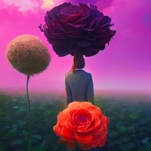 Image similar to closeup, giant rose flower head, frontal, girl in a suit, surreal photography, sunrise, dramatic light, impressionist painting, digital painting, artstation, simon stalenhag