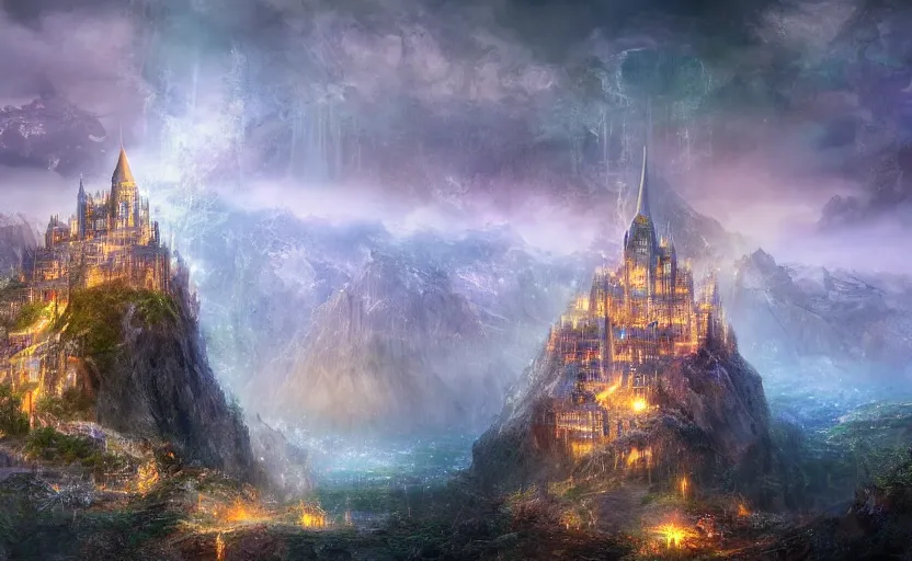 Image similar to beautiful secret city of the elves gondolin on top of a mountain, magical gloomy mystical, under attack. by konstantin razumov, fractal flame, chiaroscuro, highly detailded, mech robot