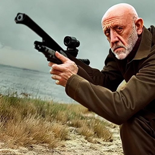 Image similar to Film still of Mike Ehrmantraut aiming with a !!!sniper rifle!!!, 4k, !!highly detailed!!