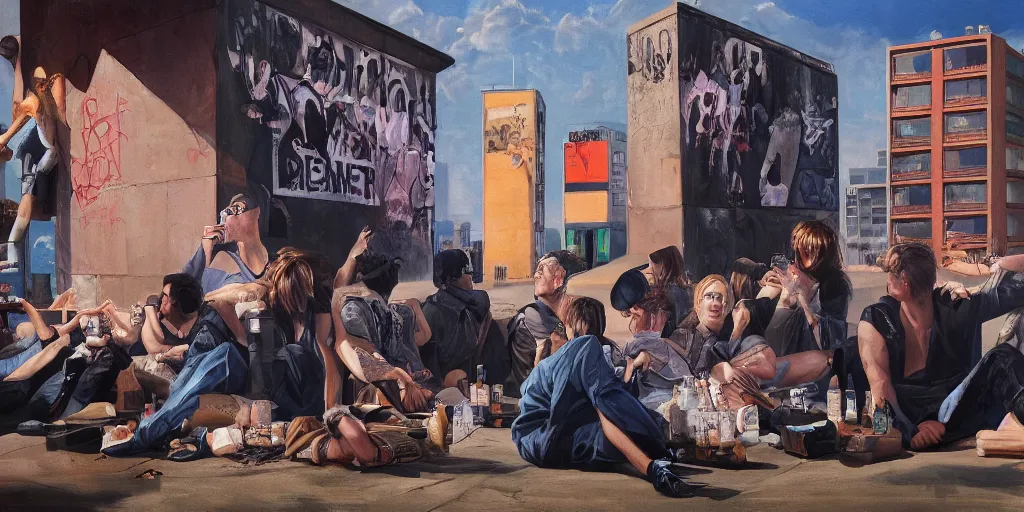 Image similar to beautiful oil matte portrait painting, 8 0 s punks sitting on the berlin wall drinking bottles of beer, boombox on the side, wonderful masterpiece highly detailed, beautiful cinematic light deep focus, elegant, digital painting, smooth, sharp focus, golden ratio, dramatic illumination, ultra realistic, 8 k, art by jimmy law