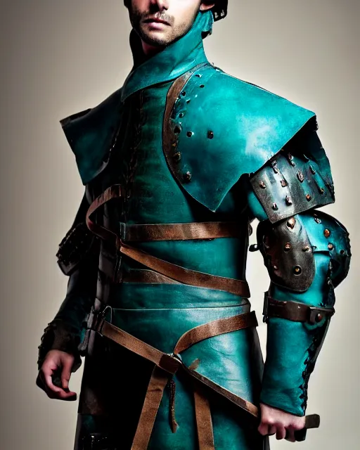 Image similar to an award - winning photo of a ancient male model wearing a baggy teal distressed medieval designer menswear leather jacket slightly inspired by medieval armour, 4 k, studio lighting, wide angle lens